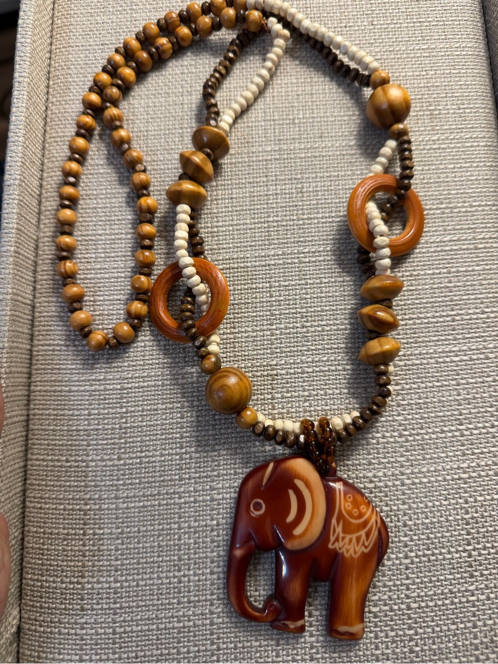 Wooden Elephant Pendant Necklace in Brown and Cream